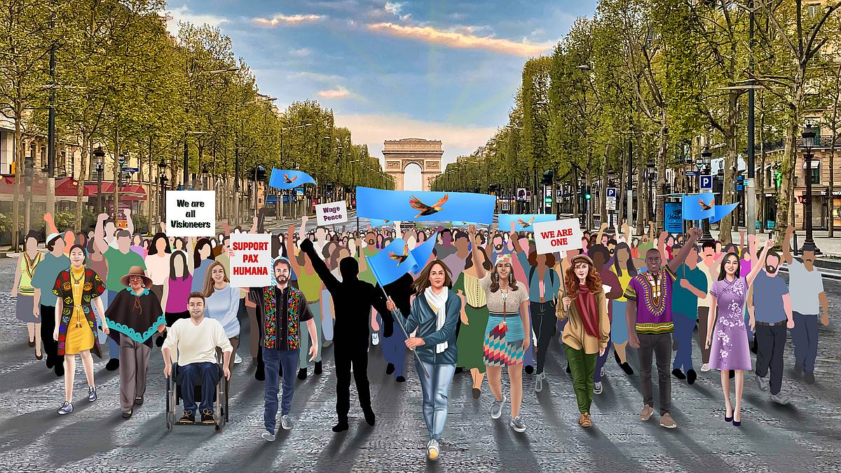 Street image of Paris with people marching