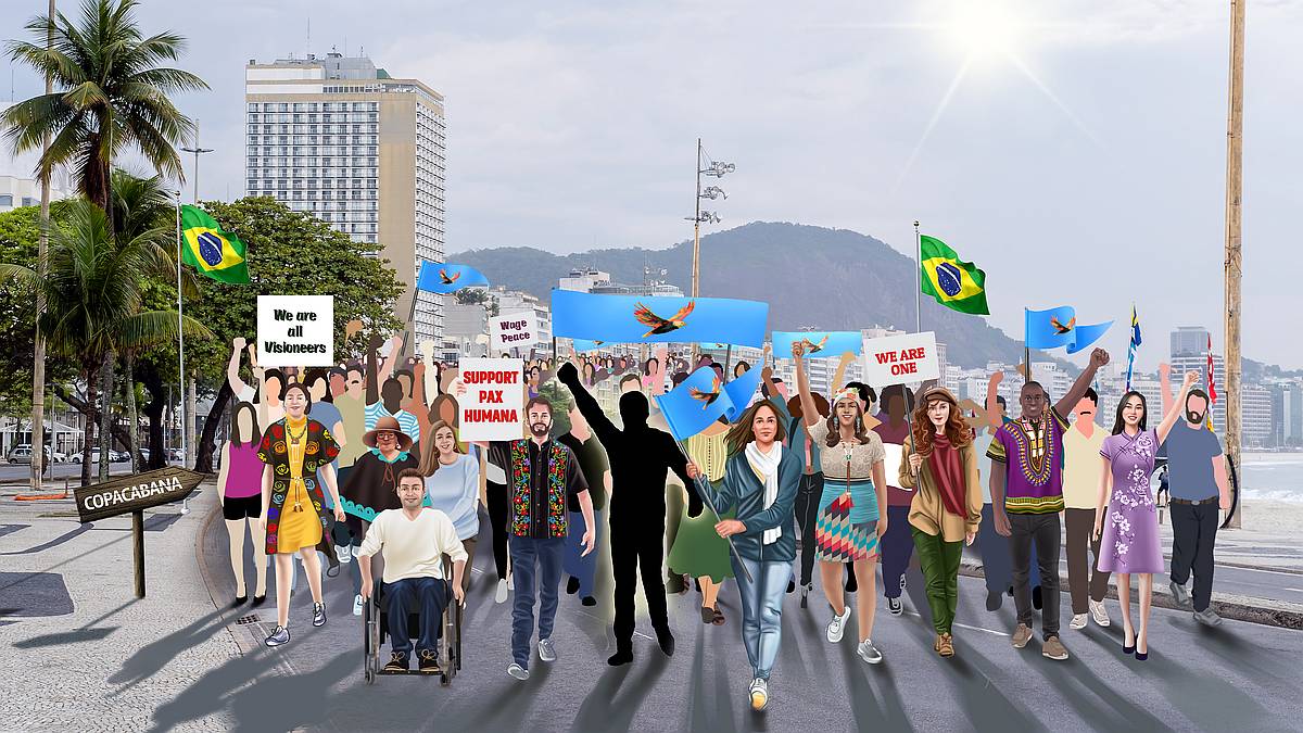 Street image of Rio de Janiero with people marching