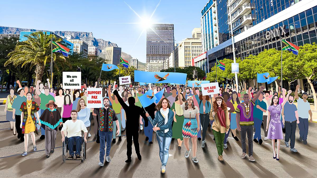 Street image of Johannesburg with people marching