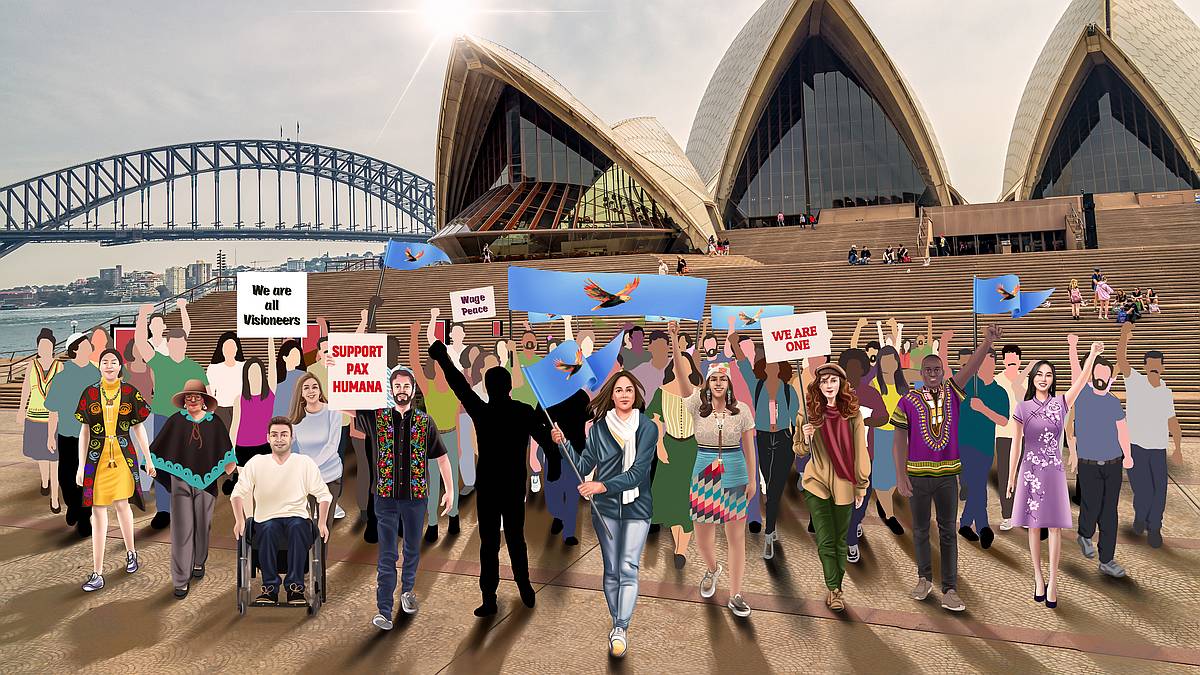 Street image of Sydney with people marching