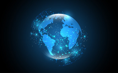 Blue illuminated globe with black background and connected blue lines symbolizing the world wide web